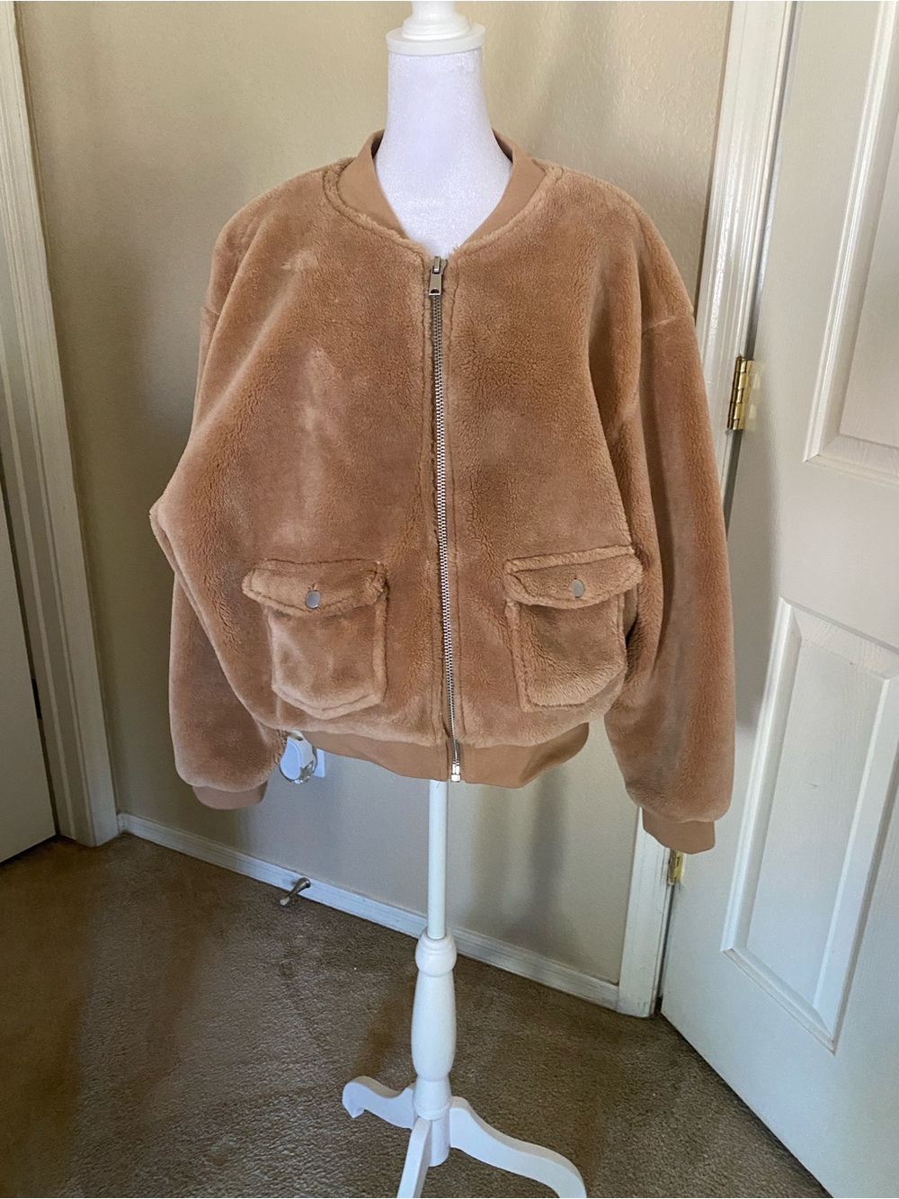 No Boundaries Plush Teddy Bomber Jacket - Light Brown